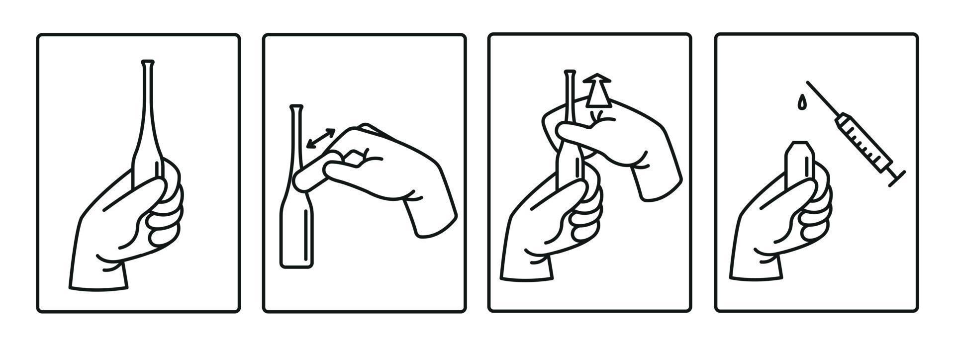 Instructions on how to open the ampoule. Vector illustration.