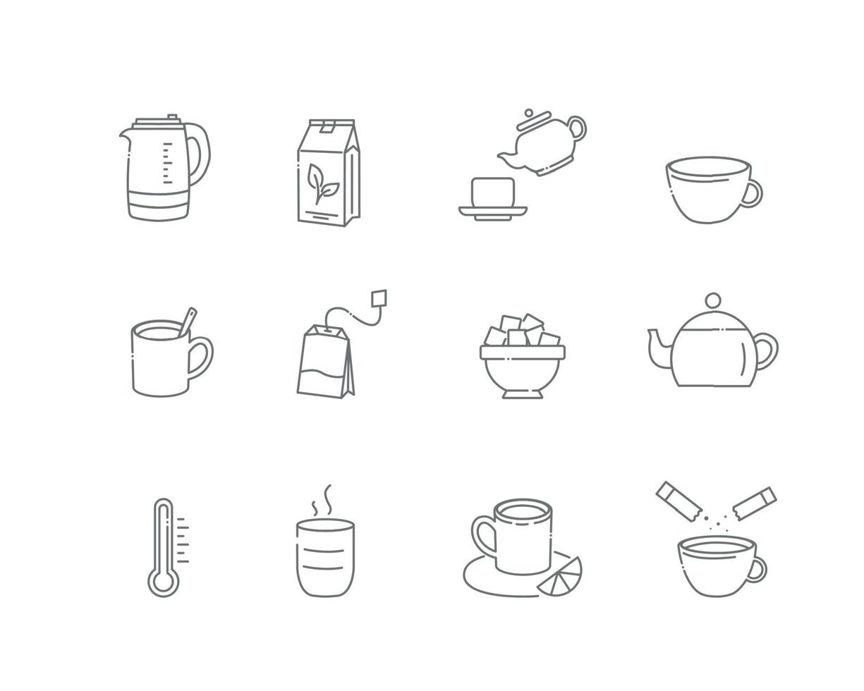 Tea linear icons. Everything for tea drinking. Vector