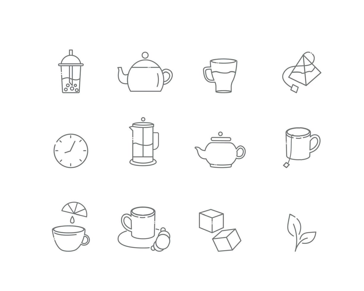 Tea linear icons. Everything for tea drinking. Vector