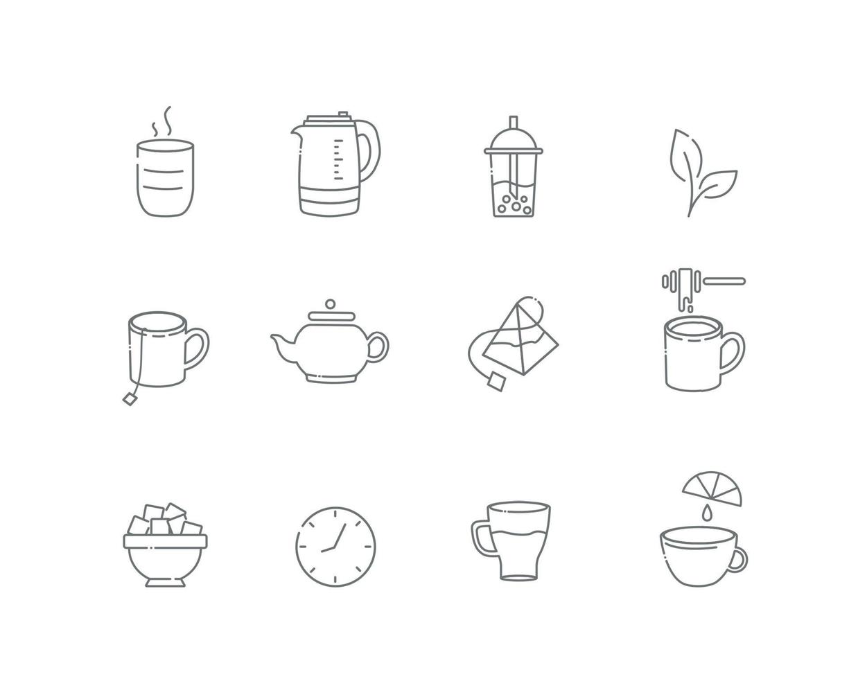 Tea linear icons. Everything for tea drinking. Vector
