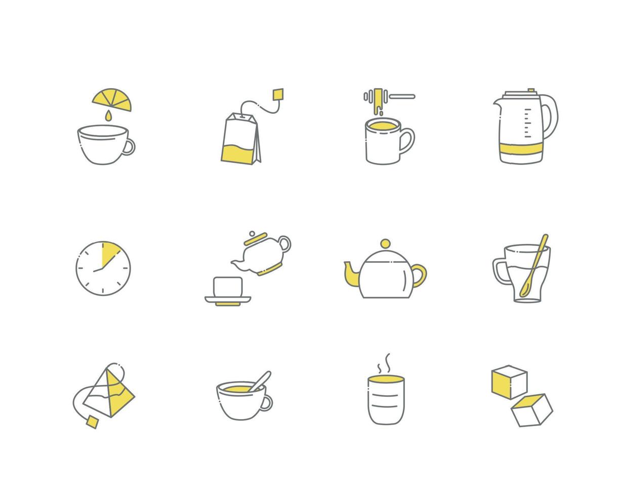 Tea linear icons. Everything for tea drinking. Vector