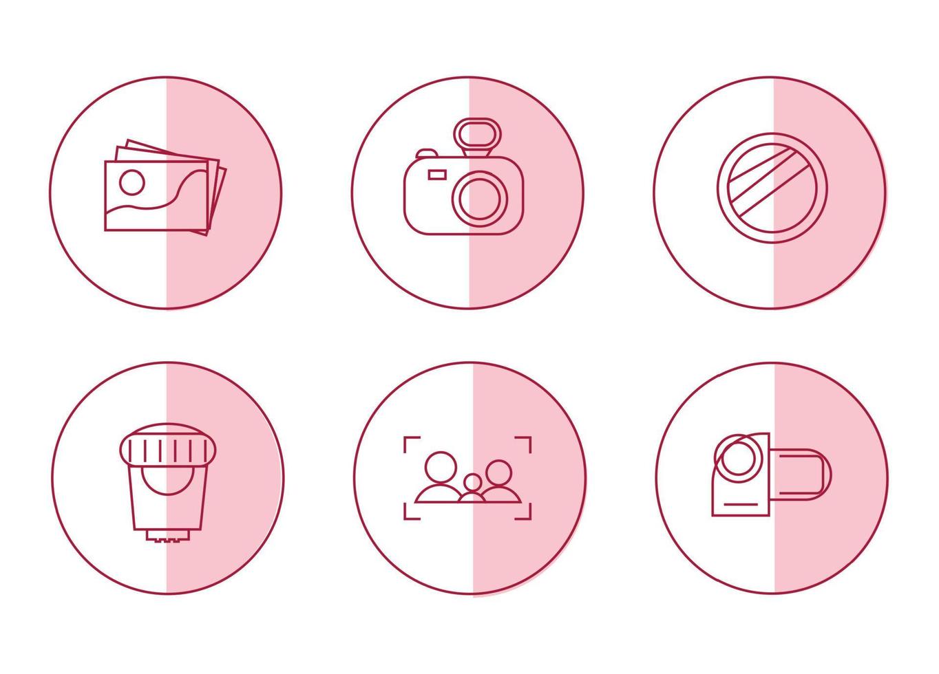 Photography icons. Icon set for the photographer on a white-pink background. Icons camera, camcorder, lens, lens, photograph, focus with silhouettes vector