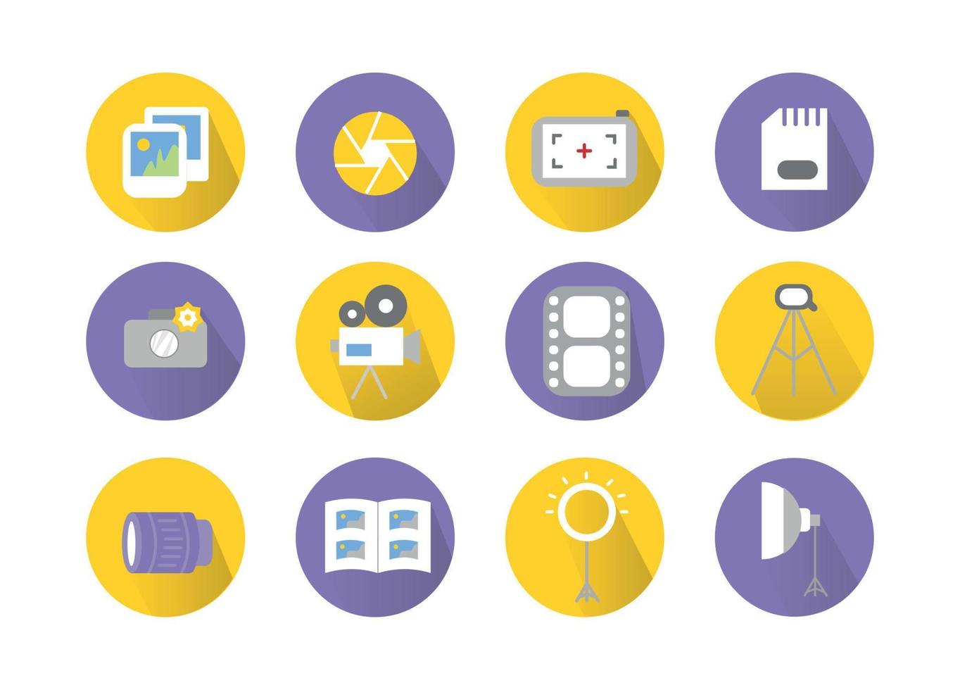Photographer icon set. Photographer equipment icons. Photography, woking, lens, camera, memory card, photo album, tripod, shutter, camcorder, softbox, film, ring lamp vector