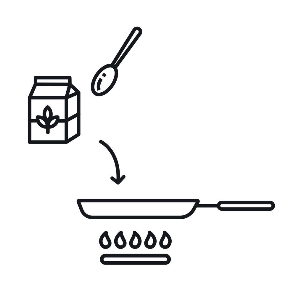 Add the milk to the pan. Frying pan on a gas stove. Vector illustration. Line style icon