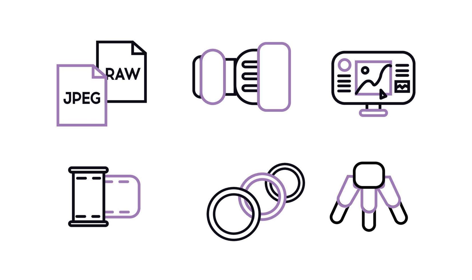 Icons photographer. Photographer equipment icons set with purple color. Photo paper, format, lens, monitor, film, annular lamp, tripod vector