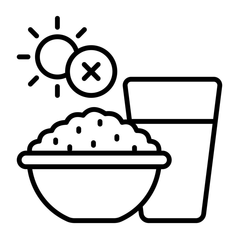 arroz cuenco con vaso de agua y cruzar firmar, icono de Ramadán rápido vector