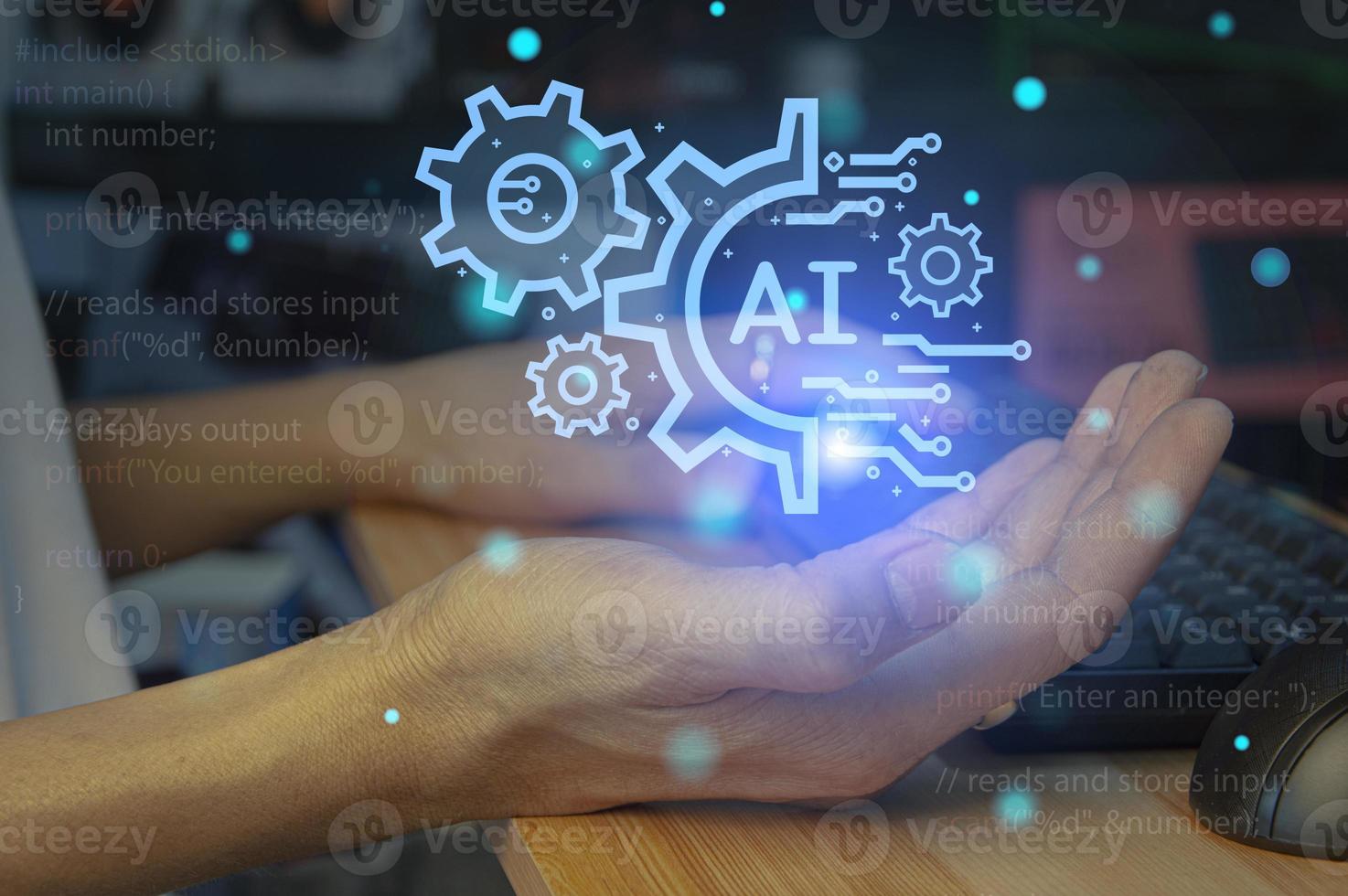 technology ai artificial intelligence A person who uses artificial intelligence AI smart robot technology by inputting commands to create something. future technological changes photo