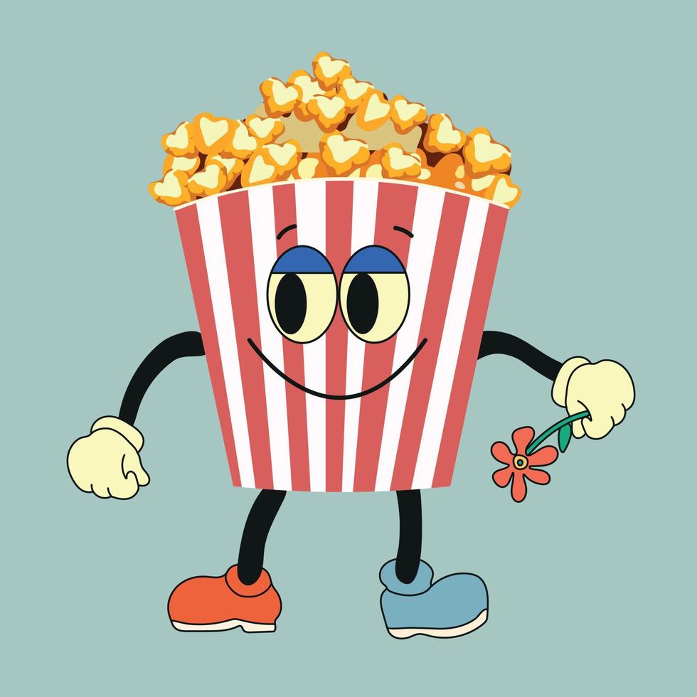 Cartoon funny popcorn character with flower. Vector bucket of popcorn with a cute smiley face. Fast food for cinema, funny character with positive emotions.