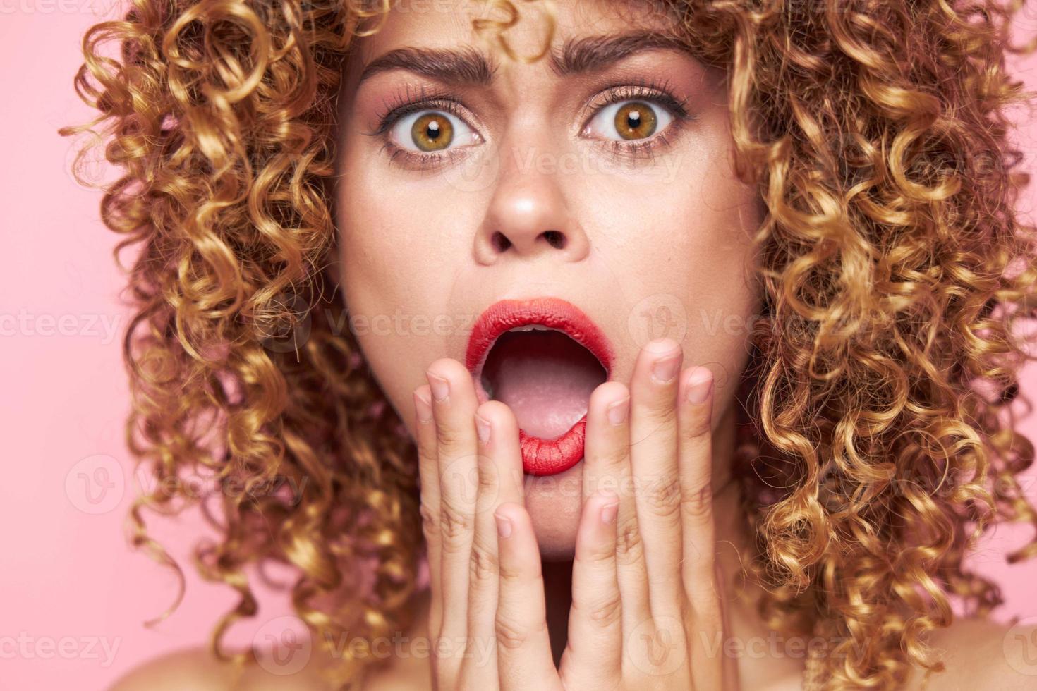 Beautiful girl Mouth wide open short hairstyle isolated background photo