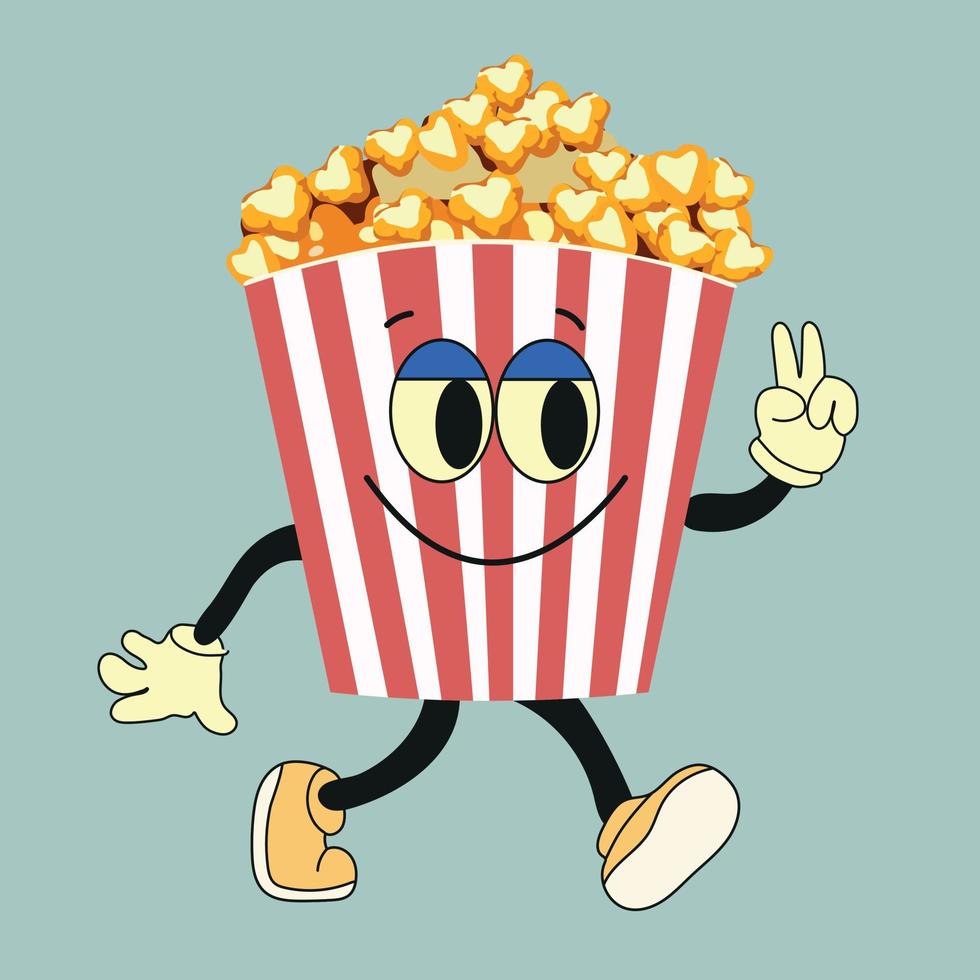 Cartoon funny popcorn character. Vector popcorn bucket with cute smiling face, arms, legs. Fast food for cinema, funny character with positive emotions.