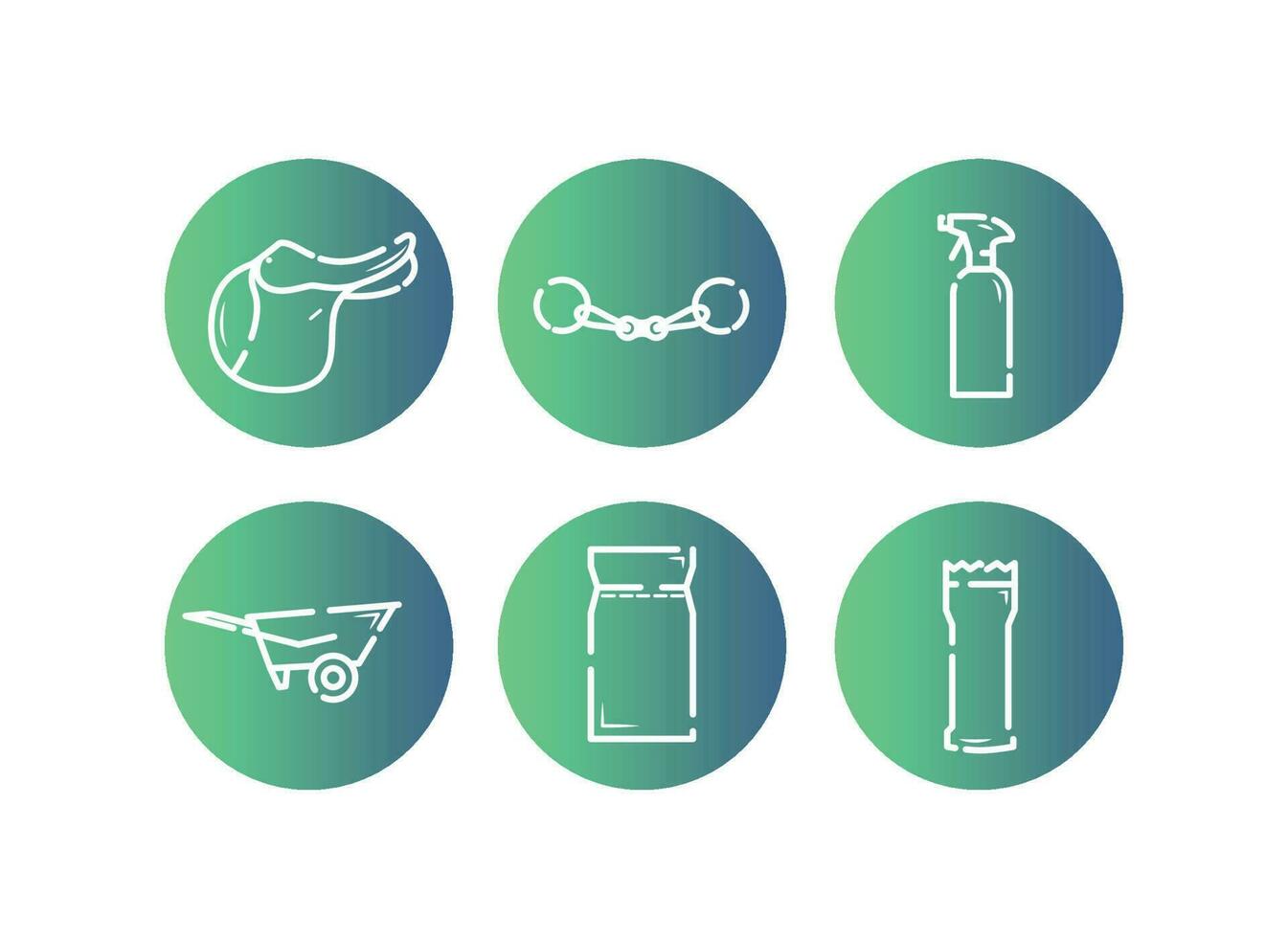 Horse equipment icons. Horse equipment icons. Horse care tools icons set on green background. Saddle, fishing rod, cleaning agent, horse carriage for stables, feed, grooming vector