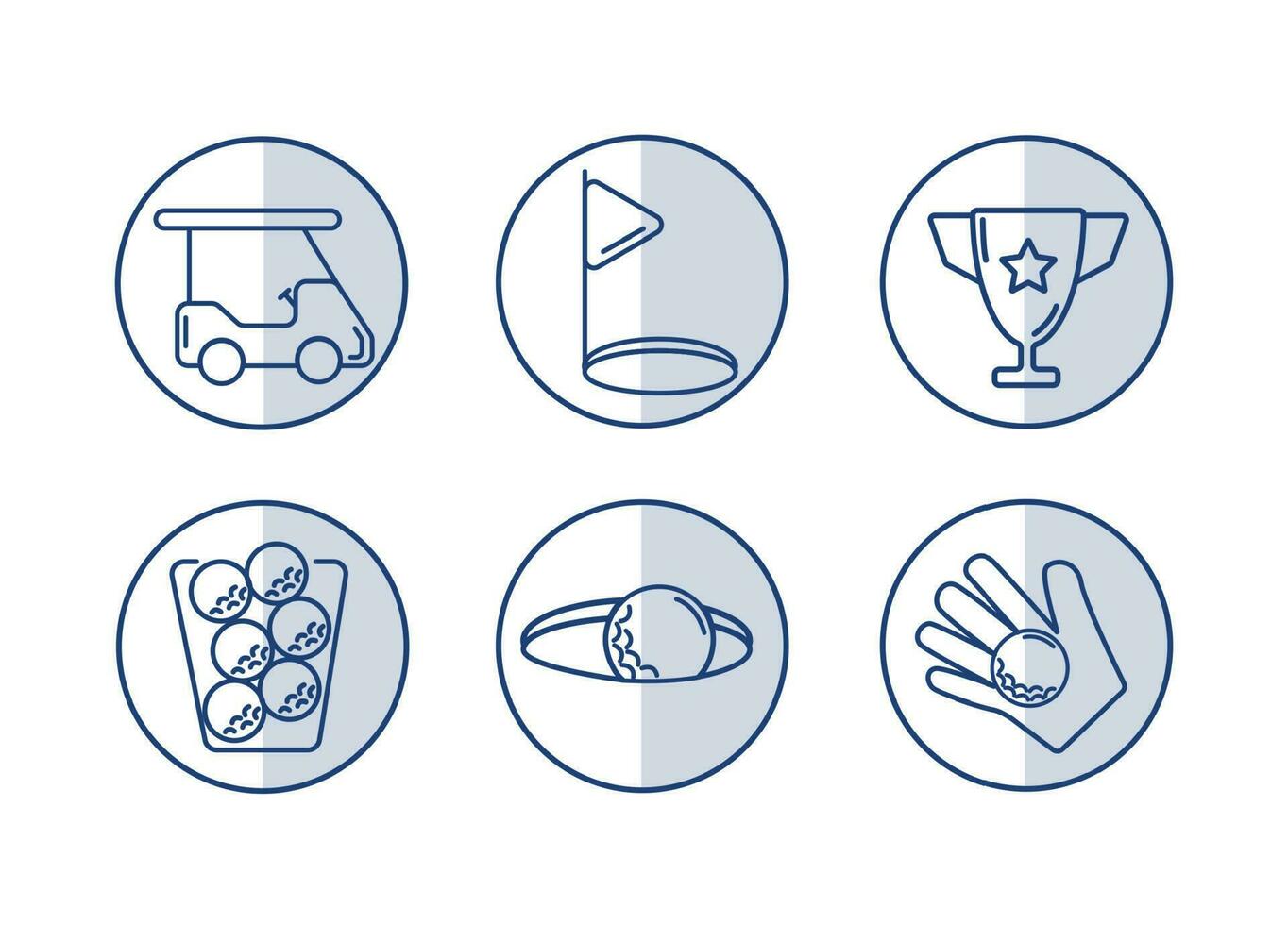 Golf icons set. Basket with balls. Cap. Golf ball on a glove. Cup. Flagpole near the hole. Golf ball in the hole vector