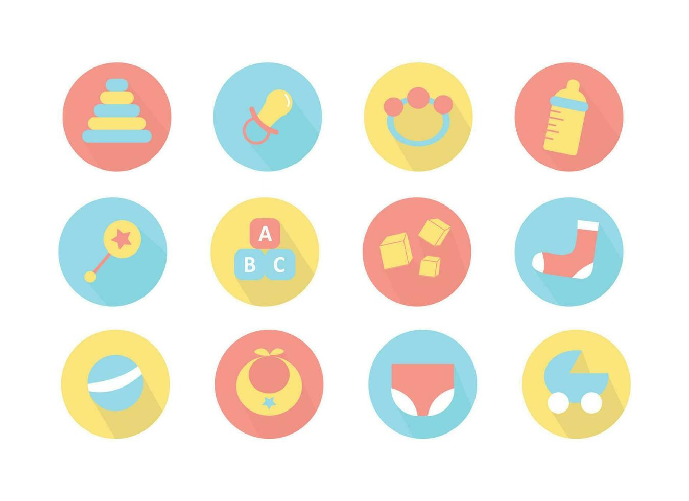 A set of children's icons. Cubes, pacifier, stroller, sock, bib, ball, pyramid, rattle, bottle, underpants, diaper. vector