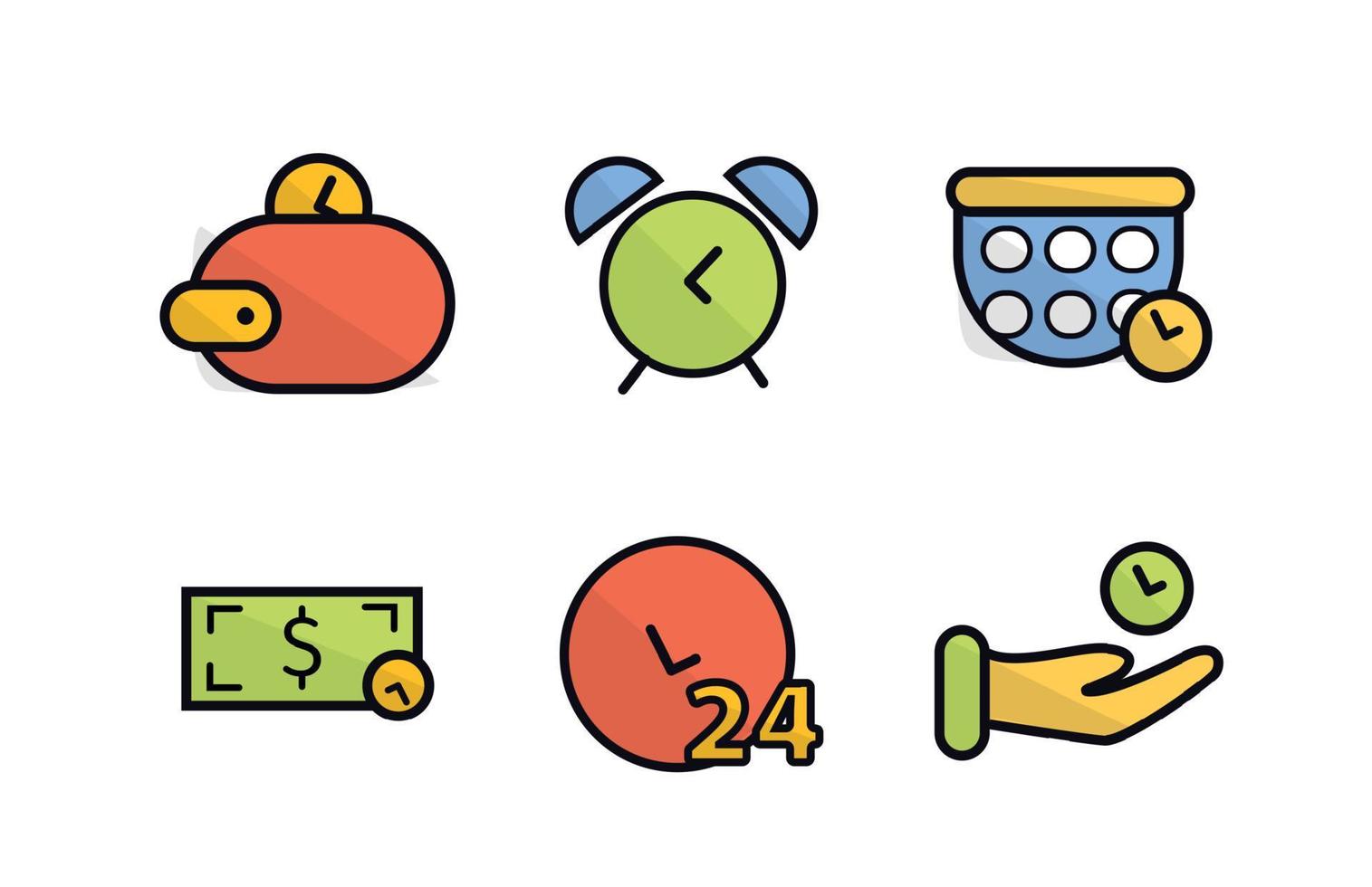 Icons time, time is money. Wallet with a coin, calculator with a coin, dollar with a coin, banknote with a coin, clock with numbers, hand with a coin, hand with a coin vector
