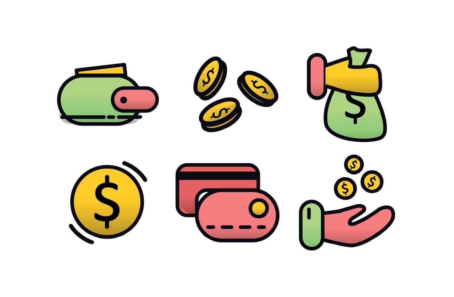 wallet with money, bag of money in hand, hand with coins, money icons vector