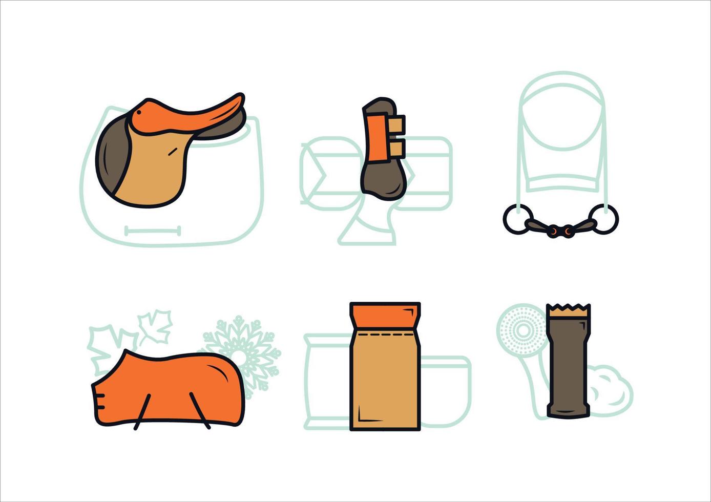 Horse equipment icons. Horse equipment icons. Set of colored icons icons for horse care. Saddle, nails, protection for legs, fishing rod, blanket feed, grooming machine vector