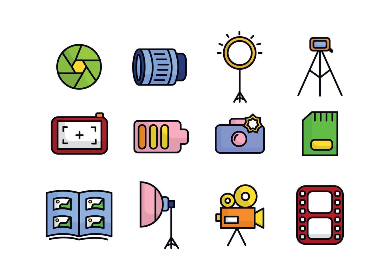 Photographer icon set. Photographer equipment icons. Photography, woking, lens, camera, memory card, photo album, tripod, shutter, camcorder, softbox, film, ring lamp vector