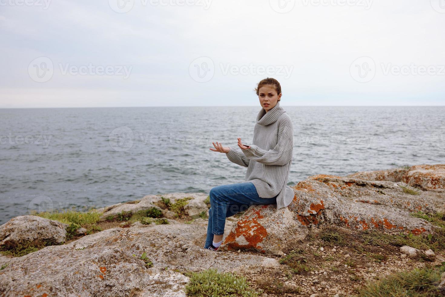 woman nature rocks coast landscape Ocean Lifestyle photo
