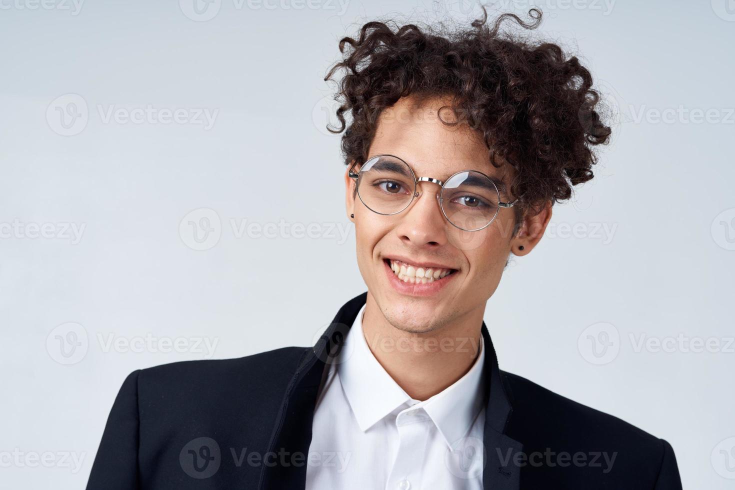 funny curly guy with glasses suit fashion official 22074367 Stock Photo