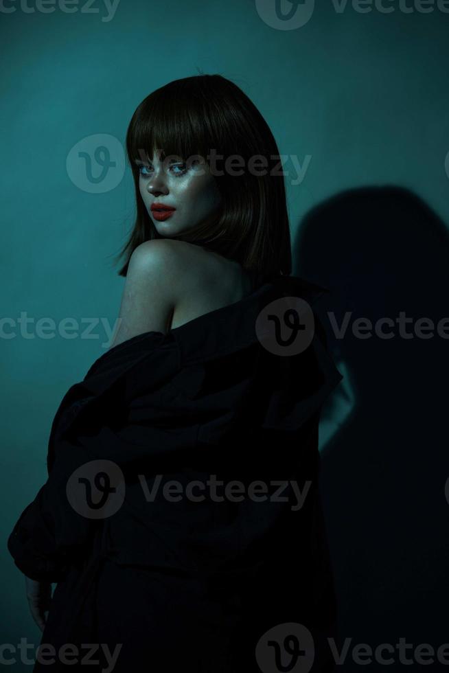 lady coat dark room casual wear beautiful model photo
