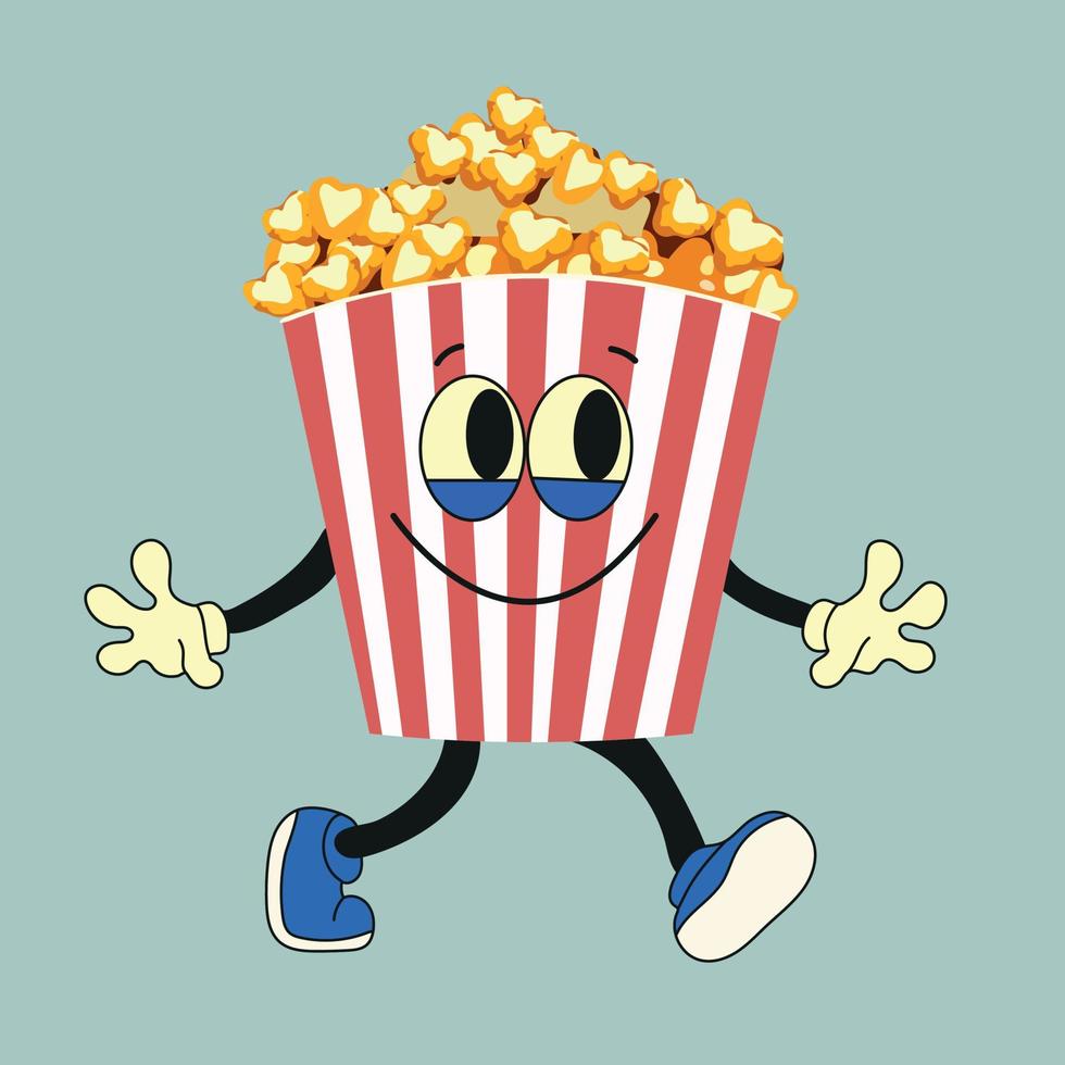 Cartoon funny popcorn character. Vector popcorn bucket with cute smiling face, arms, legs. Fast food for cinema, funny character with positive emotions.