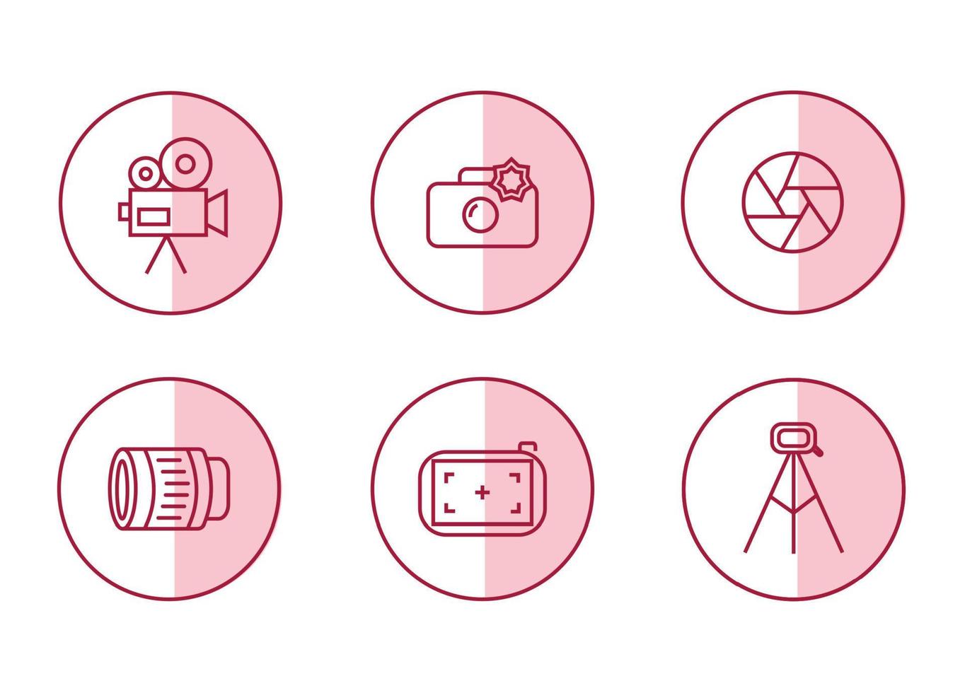 Photographer icon set with pink background. Photographer equipment icons. Camcorder, camera, shutter, lens, focus, tripod. vector