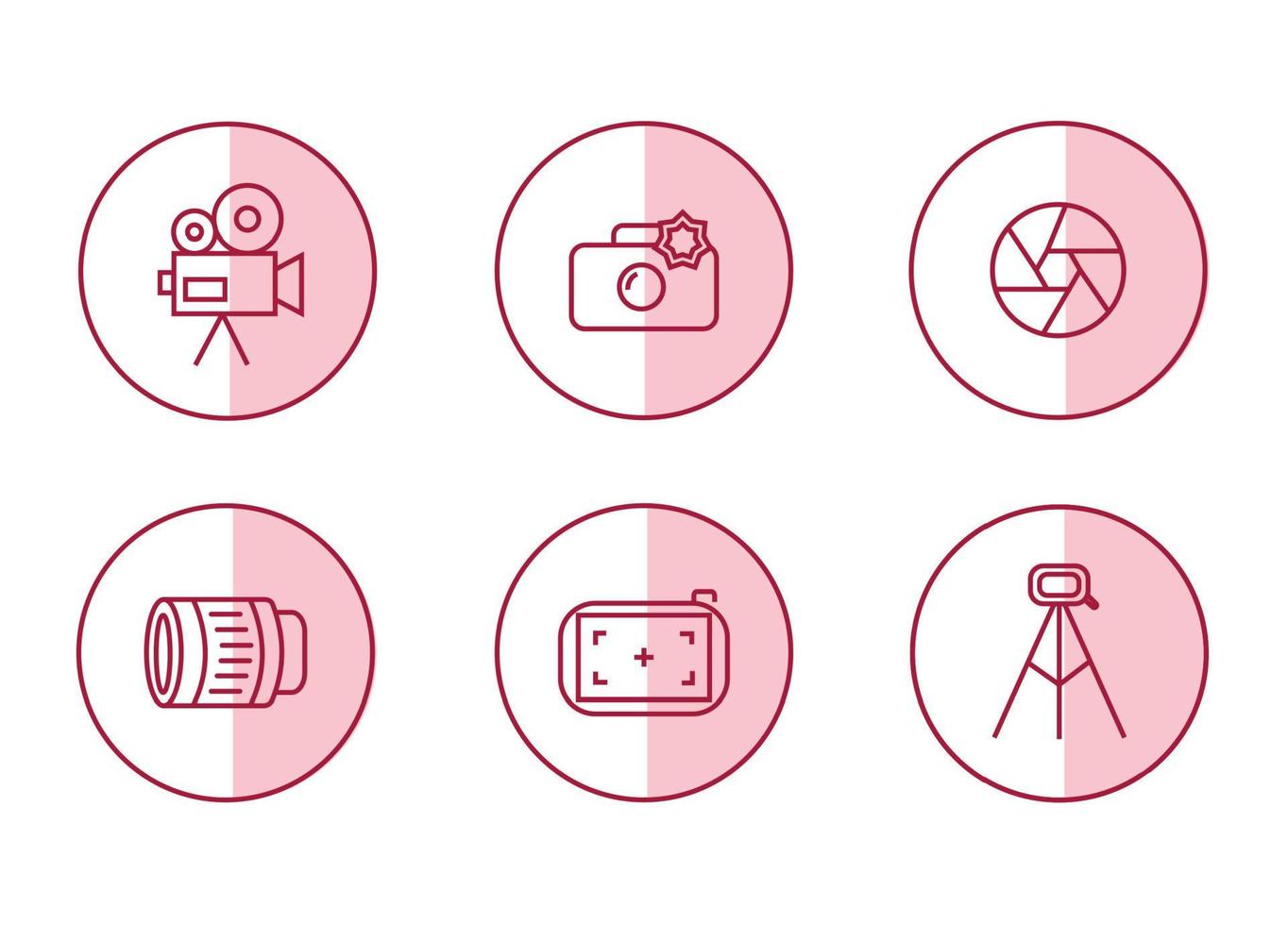 fotógrafo icono conjunto con rosado antecedentes. fotógrafo equipo iconos videocámara, cámara, obturador, lente, enfocar, trípode. vector