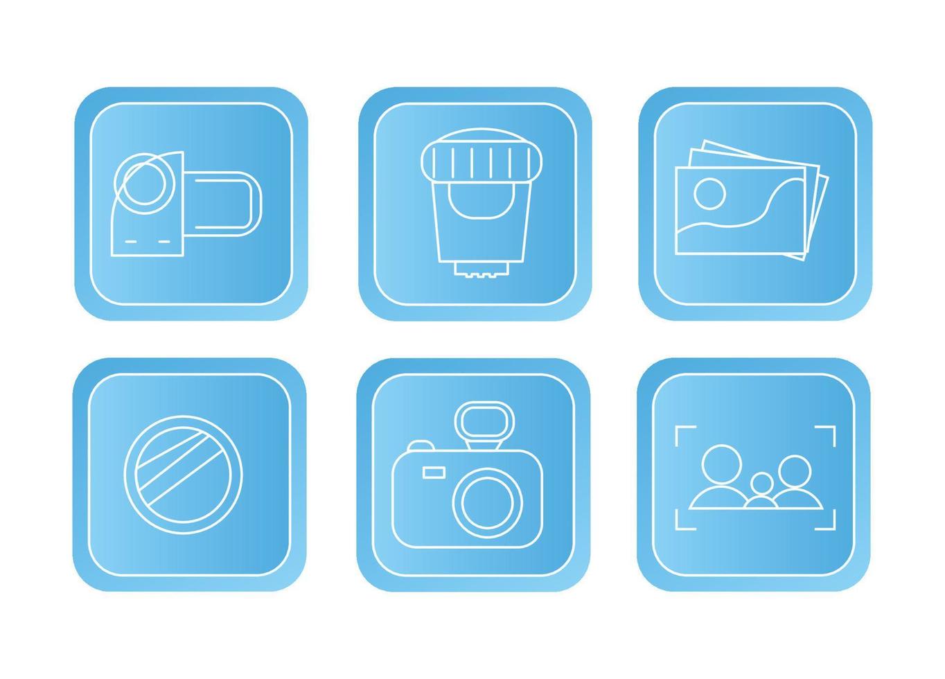 Photography icons. Icon set for the photographer on a blue background squared. Icons camera, camcorder, lens, lens, photograph, focus with silhouettes, on a blue background vector