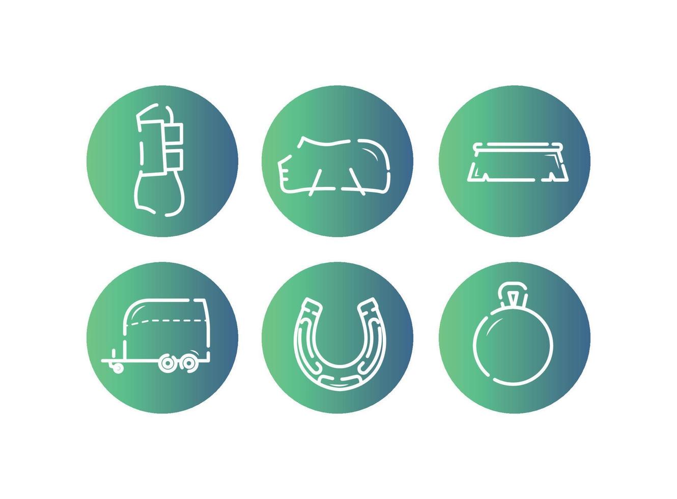 Horse equipment icons. Horse care tools icons set on green background. Horseshoe, legs, blankets, cleaning brush, horse trailer, horse toy vector