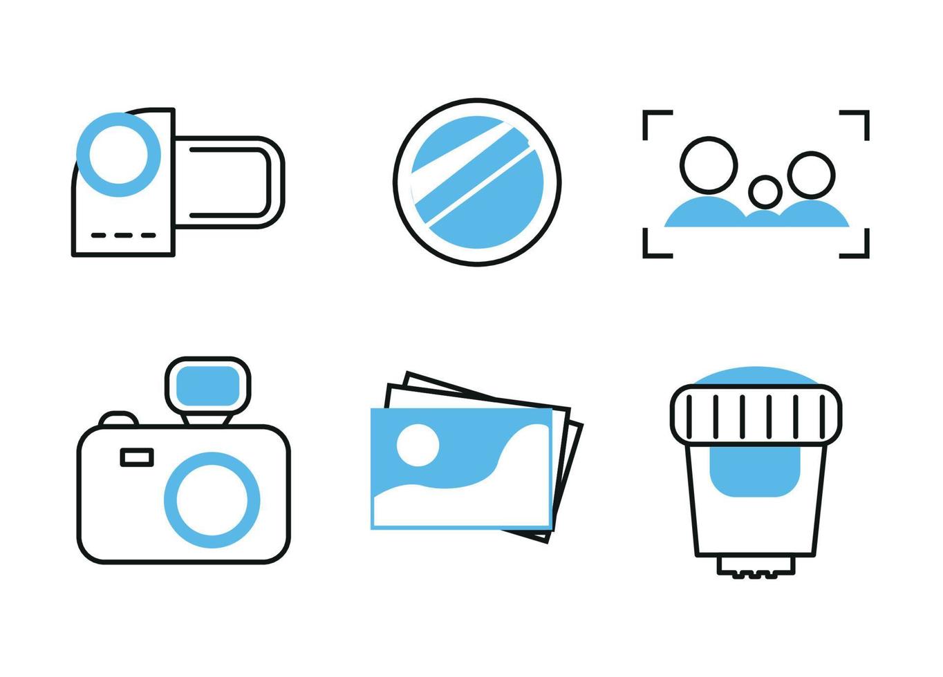 Photography icons. Set of colored icons for the photographer. Icons camera, camcorder, lens, lens, photograph, focus with silhouettes, with blue color vector