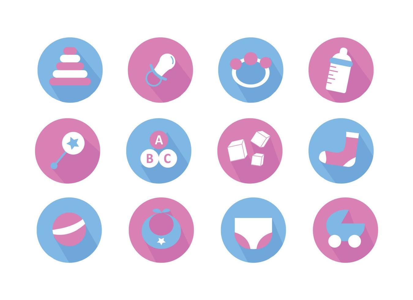 A set of children's icons. Cubes, pacifier, stroller, sock, bib, ball, pyramid, rattle, bottle, underpants, diaper. vector