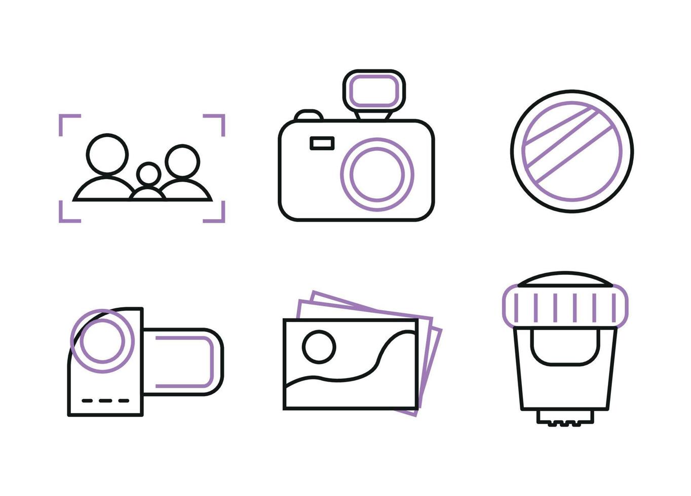 Photography icons. Set of colored icons for the photographer. Icons camera, camcorder, lens, lens, photograph, focus with silhouettes, with purple color vector