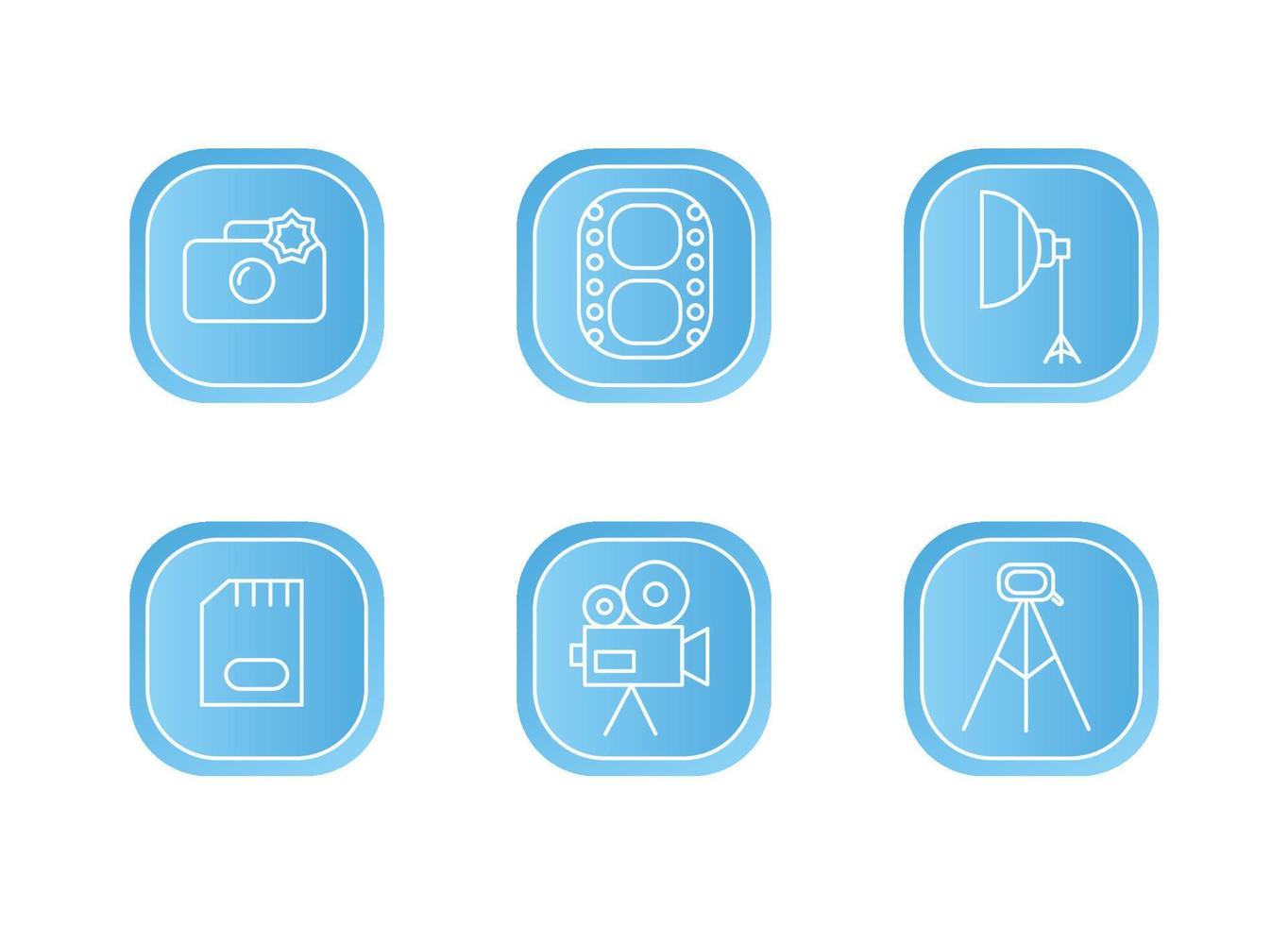 Photographer icon set on a blue background. Photographer equipment icons. Camera, film, softbox, memory card, camcorder, tripod vector