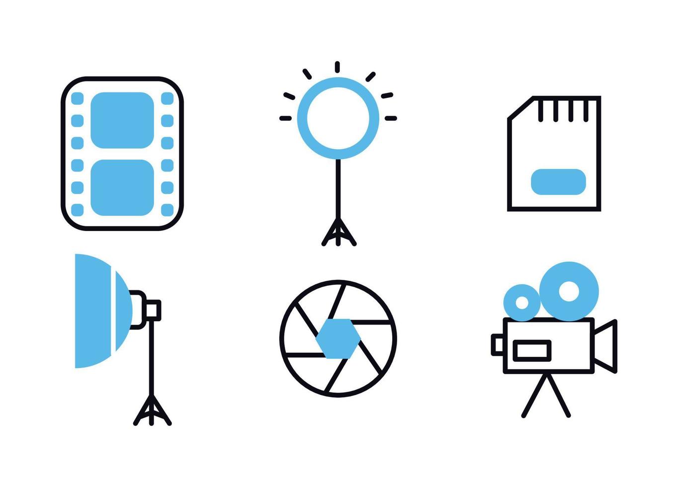 Photographer icon set with blue color. Photographer equipment icons. Film, ring lamp, memory card, softbox, shutter, camcorder vector