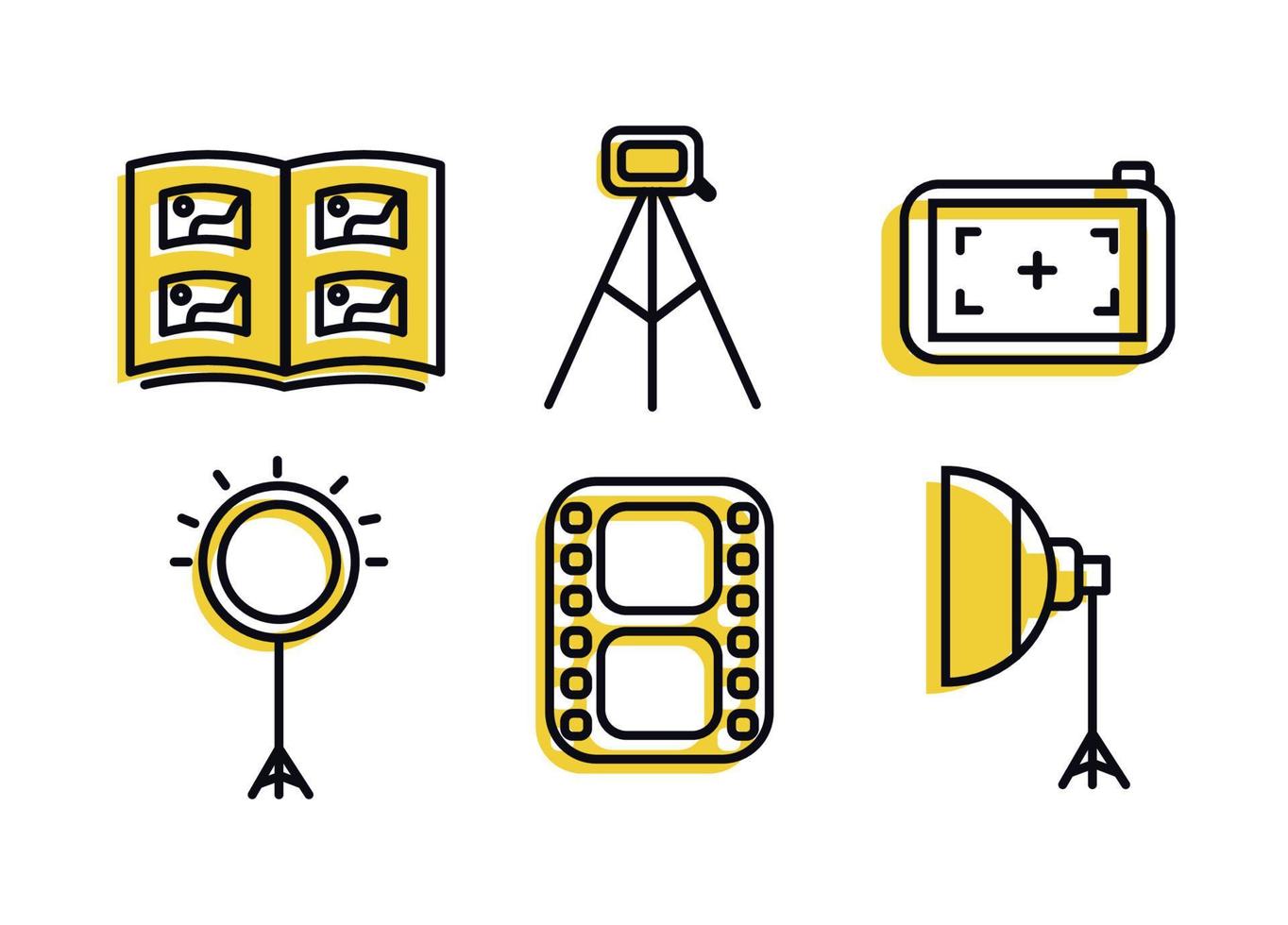 Photographer icon set with yellow. Photographer equipment icons. Photography, woking, lens, camera, memory card, photo album, tripod, shutter, camcorder, softbox, film, ring lamp vector