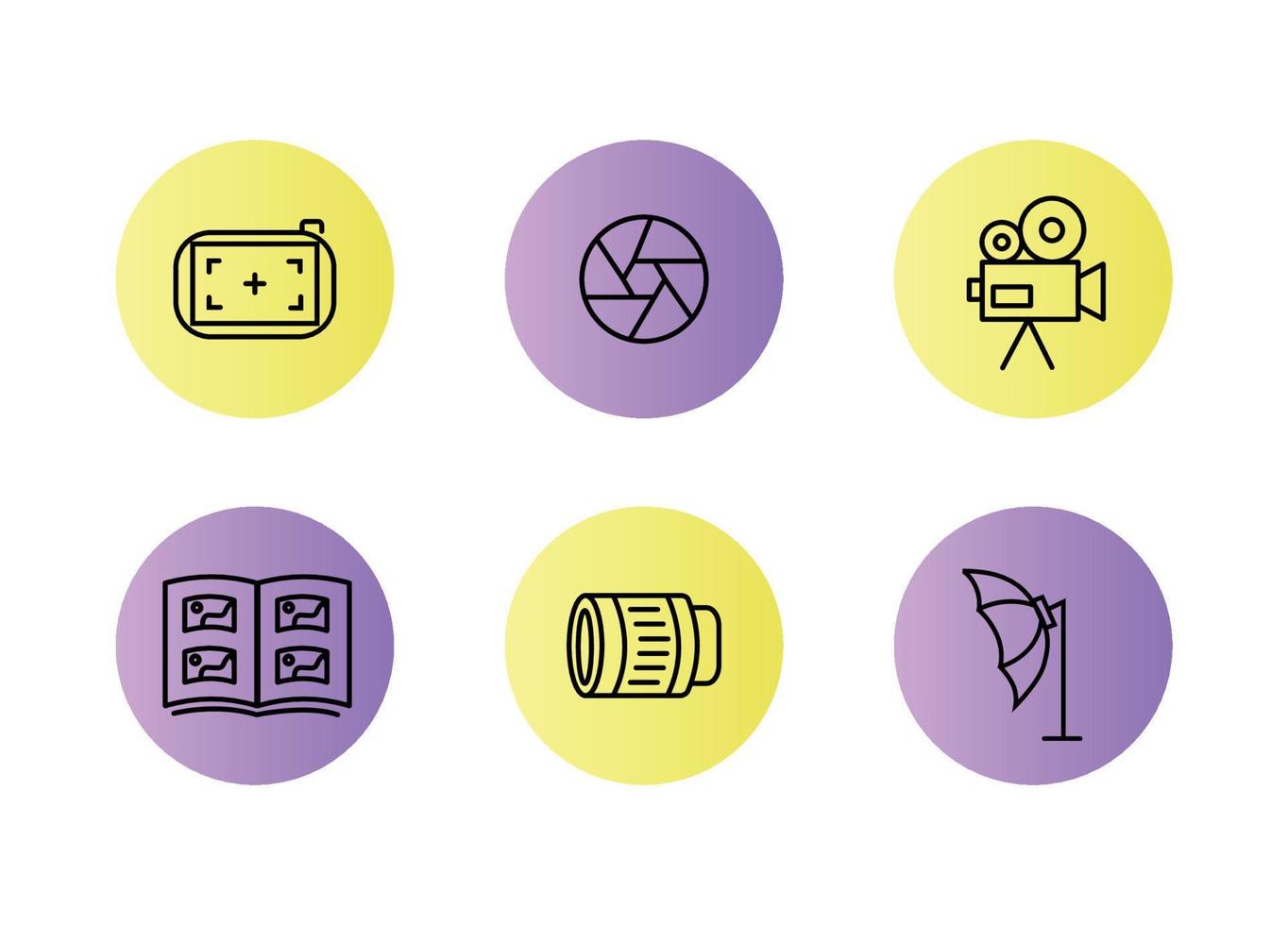 Photographer icon set on yellow and purple background. Photographer equipment icons. Focus, shutter, camcorder, photo album, lens, photograph vector