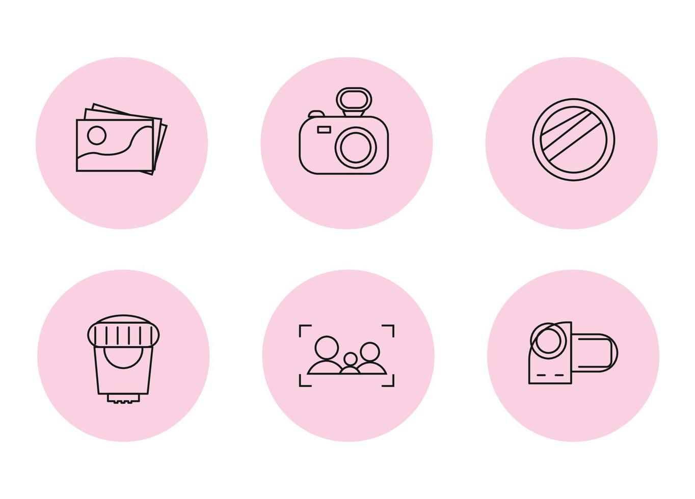 Photography icons.Icon set for the photographer on a pink background. Icons camera, camcorder, lens, lens, photograph, focus with silhouettes, pink background vector