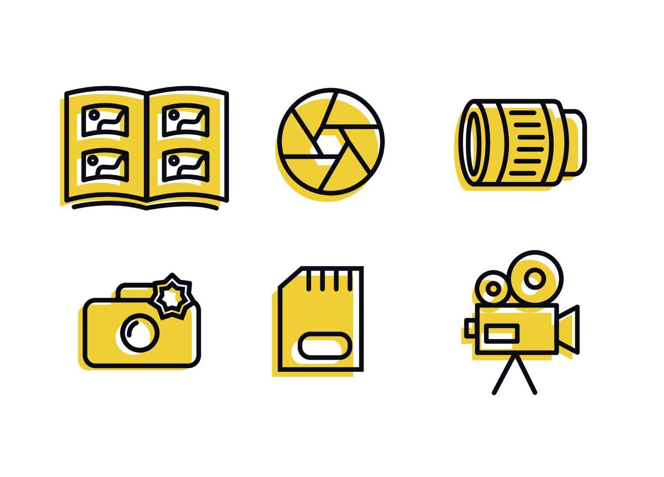 Photographer icon set with yellow. Photographer equipment icons. Photography, woking, lens, camera, memory card, photo album, tripod, shutter, camcorder, softbox, film, ring lamp vector