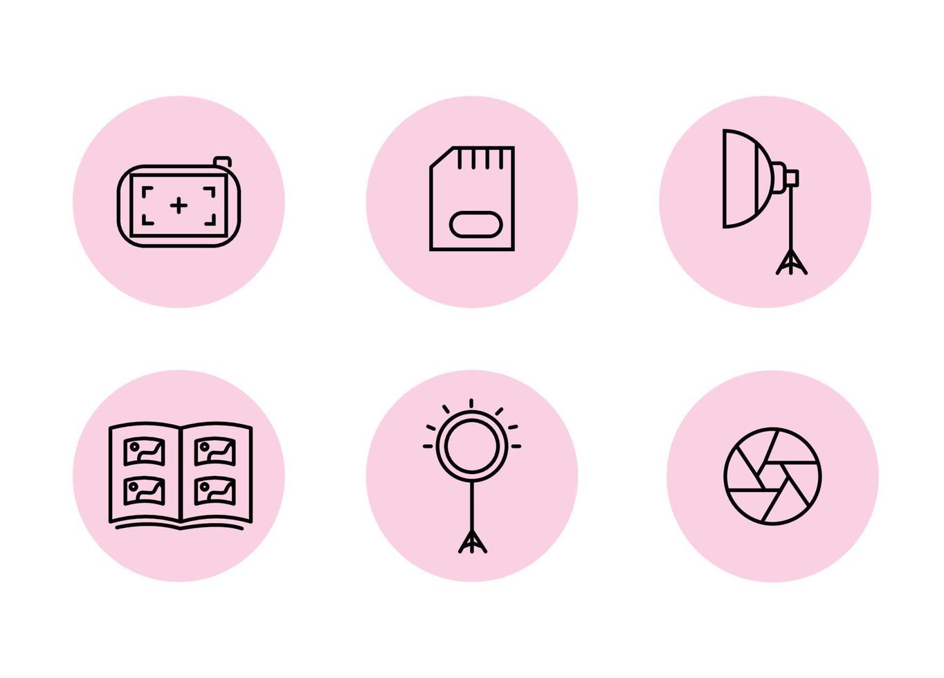 Photographer icon set on a pink background. Photographer equipment icons. Focusing, memory card, softbox, photo album, ring lamp, photography vector