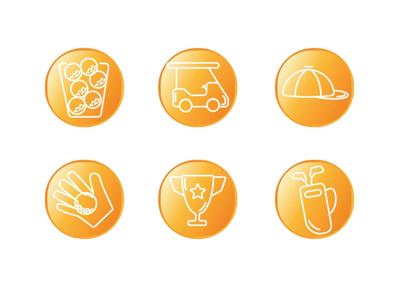 Golf icon set on an orange background. Basket with balls. Golf car. Cap. Golf ball on a glove. Cup. Club bag vector