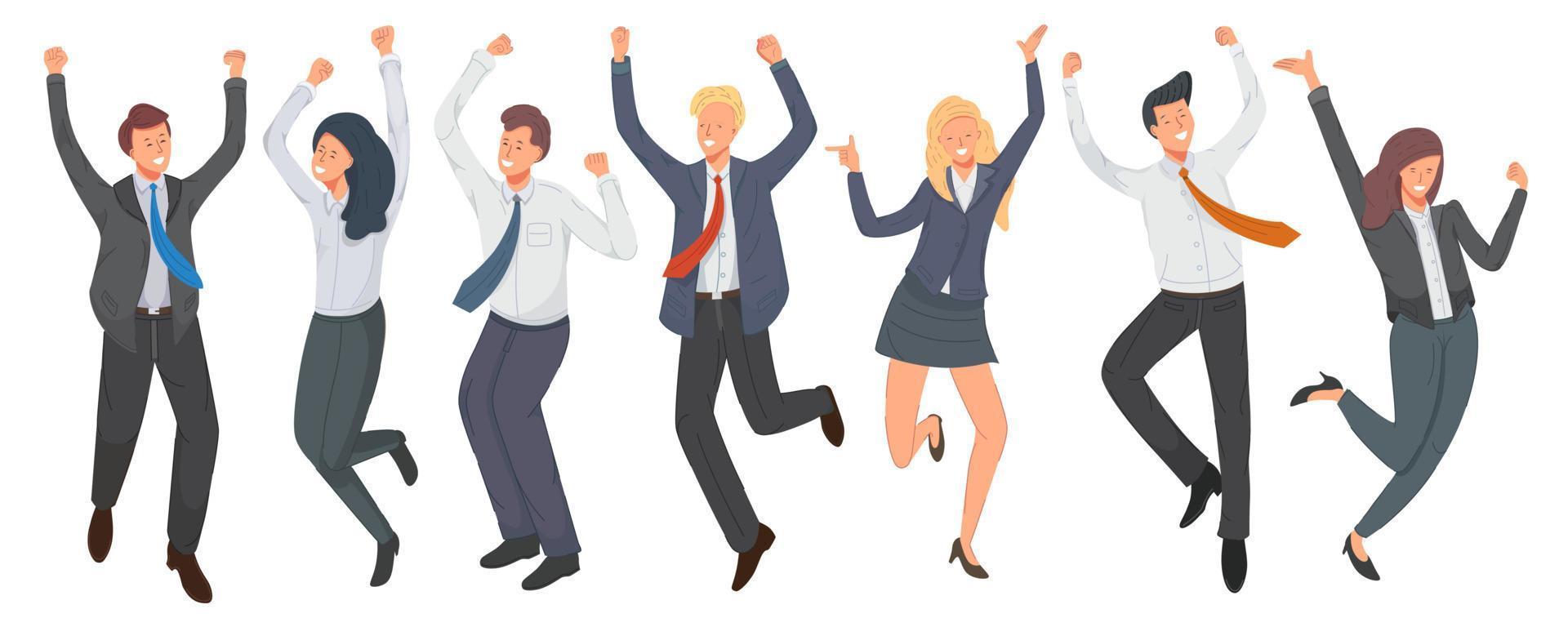 Happy group of office worker jumping vector illustration. Cheerful employees celebrating victory.