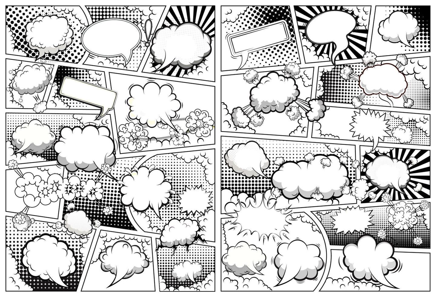 Comic book black and white page template divided by lines with speech bubbles. Vector illustration.