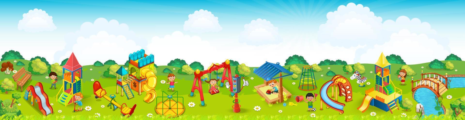 Panoramic playground on the meadow. Vector illustration.