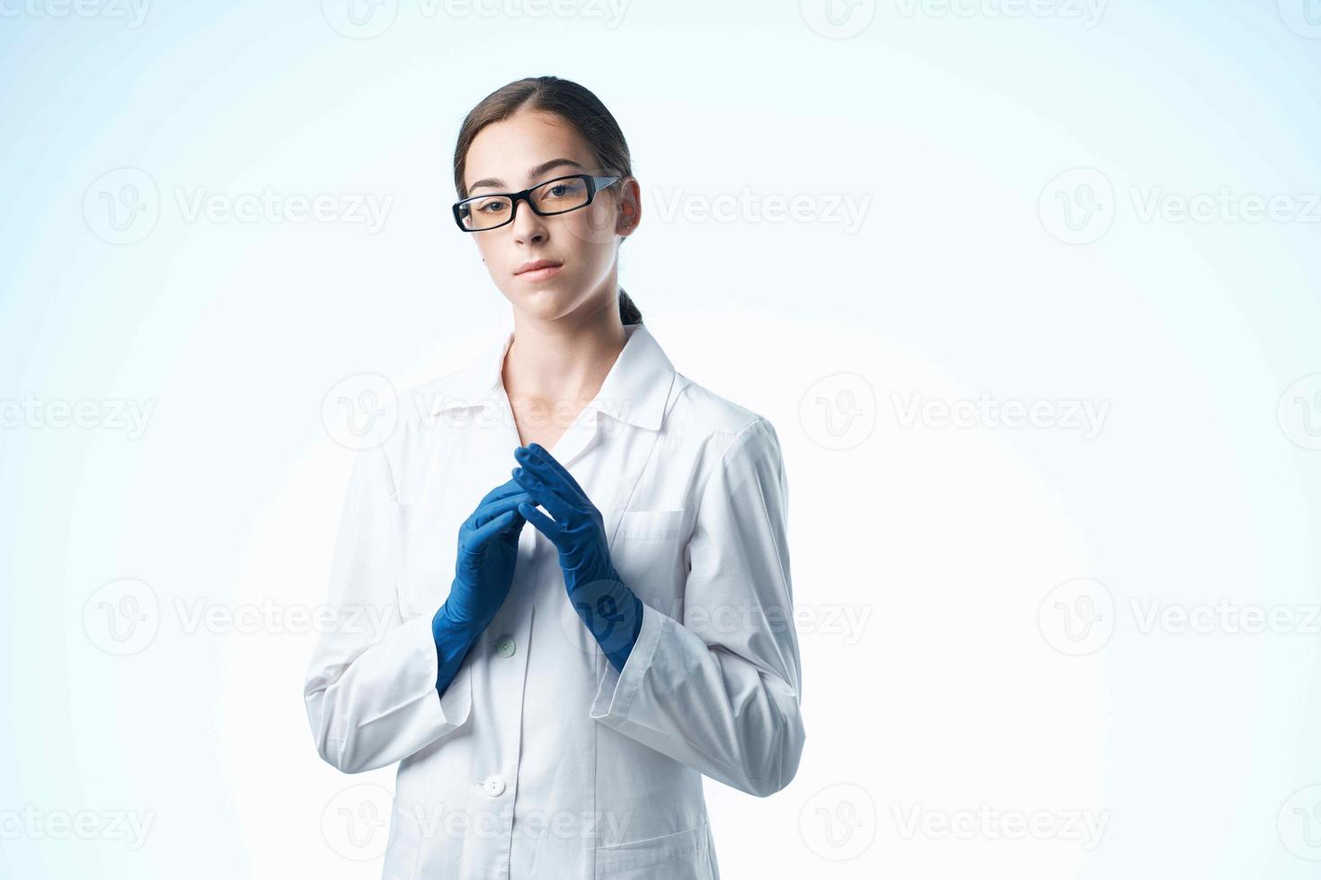 female doctor emix white coat follow light background photo