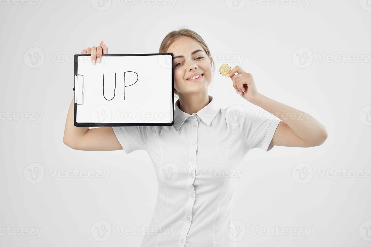 Businesswoman currency appreciation virtual money economy isolated background photo