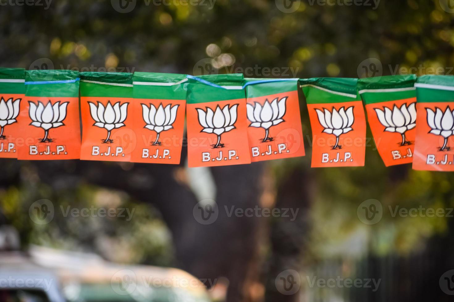 bharatiya janata fiesta bandera de indio político fiesta, bjp bhartiya Janta fiesta bandera ondulación durante pm la carretera espectáculo en Delhi, India foto