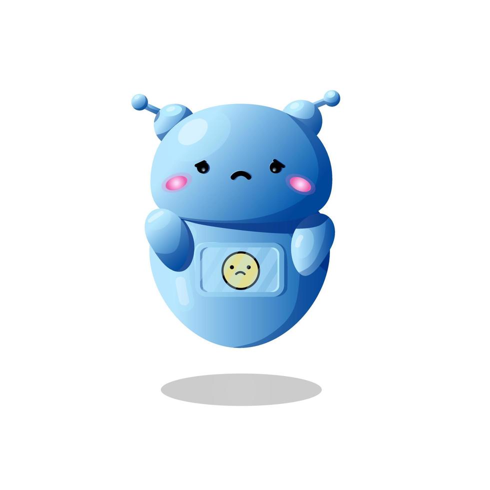 Arteficial intelligence robot with sad emodji. Online helper in application. Vector chat bot in your mobile device. Chatting assistant. Cute mascot