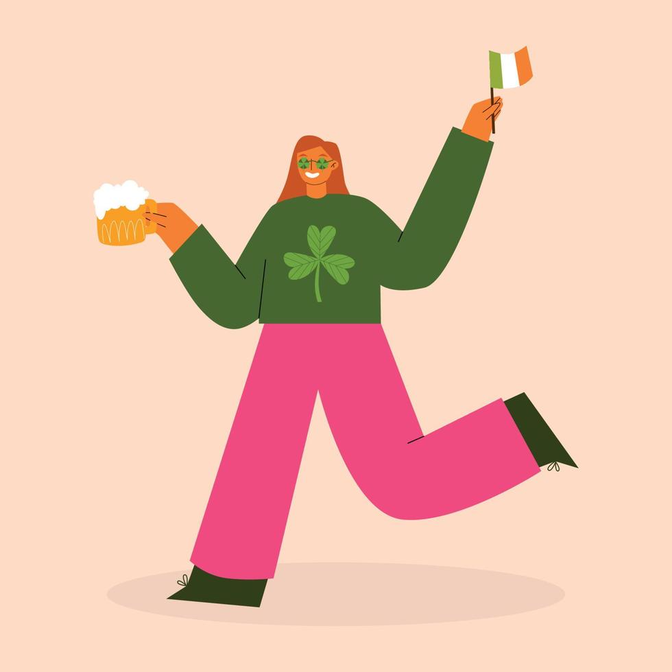 A cartoon image of a woman with a beer and a green shirt that says St Patrick's Day. Vector hand drawn illustration.
