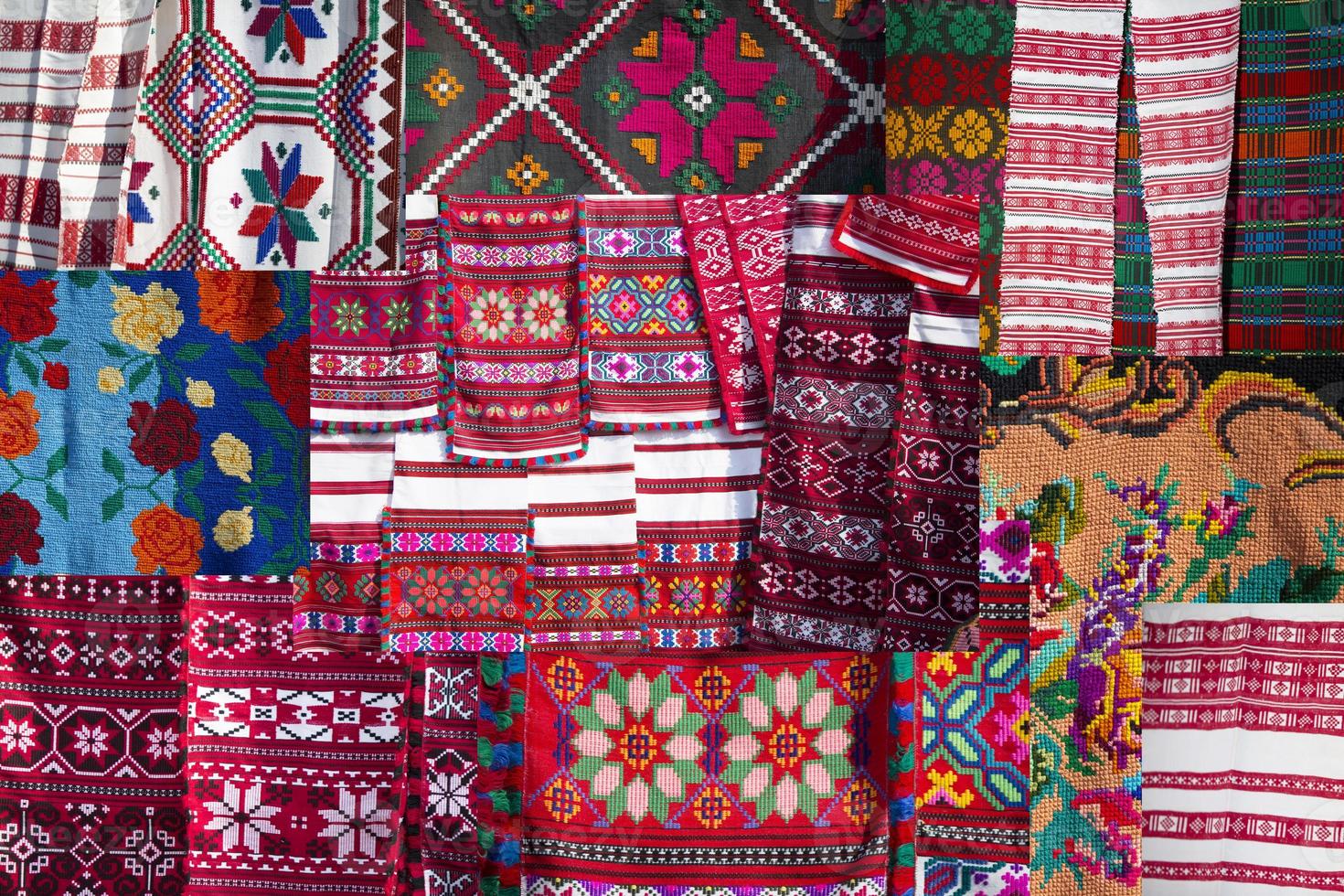 Slavic embroidered towels. National Ukrainian or Belarusian ethnic patterns on the fabric. photo