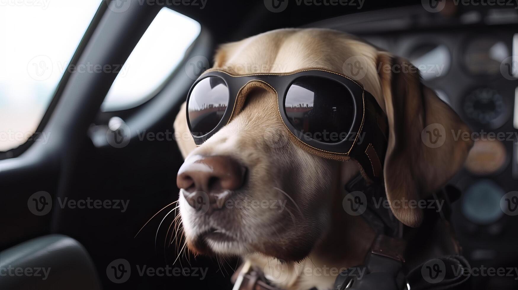 perro conducción pequeño coche con del piloto anteojos, generativo ai foto